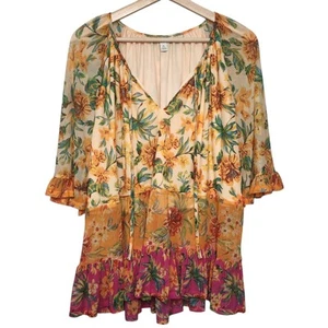 Cato XL Ruffled Floral Mesh Top Peasant Tropical 3/4 Sleeve Boho - Picture 1 of 7