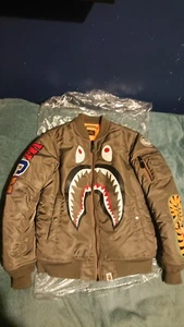 A Bathing Ape BAPE Shark MA1 Bomber Jacket Olive Green Small - Picture 1 of 13