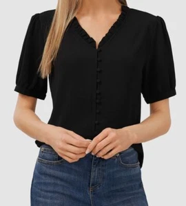 CeCe Women's Black V Neck Short Sleeve Button Up Blouse Top Size L - Picture 1 of 1