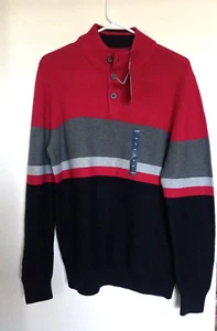 Ralph Lauren Chaps Henley Sweater Mens Size M Red Gray Black Tight Knit NEW - Picture 1 of 3