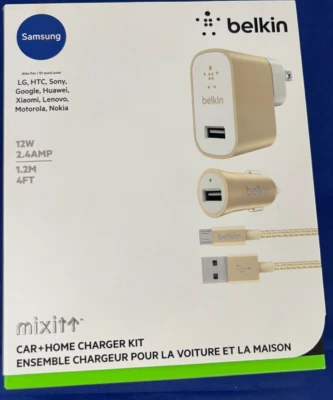Belkin Mixit 车载和家用充电器套件 三星(其他)4 英尺线 金色 全新 — 第 1/4 张图片