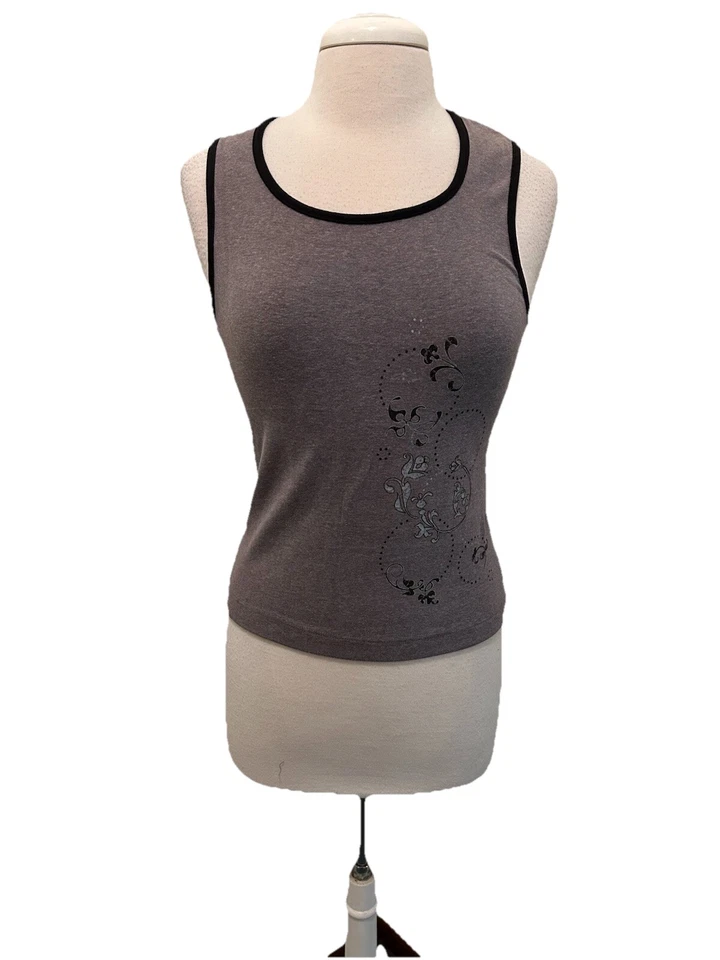 Camiseta sin mangas recortada floral gris Danskin con ribete negro Lg. Foto 1 de 4
