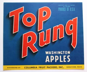 Etiqueta original de caja de manzana TOP RUNG Columbia Fruit Packers Wenatchee WA azul - Imagen 1 de 1