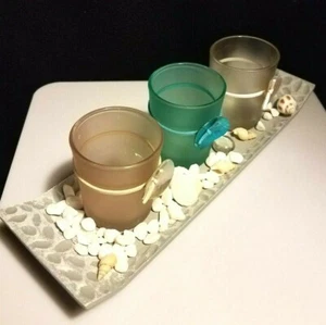 Seashell Tealight Candle Holder Tray Stones Shells 3x Glasses Gray Teal Ocean - Picture 1 of 1