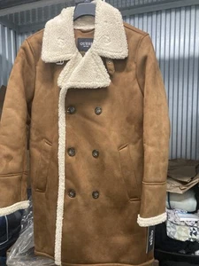 Guess Men's (Size M) Brown Double-Breasted Faux Fur Shearling Overcoat Jacket - Picture 1 of 4