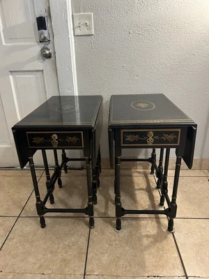Vintage Set Of 2 Drexel Et Cetera Asian Chinoiserie Black Lacquer  Side Tables - Image 1 of 4
