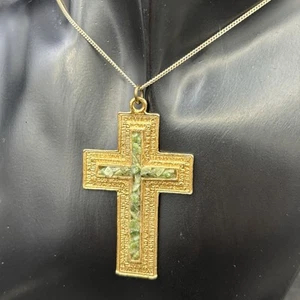 Large Cross Ten Commandments Gold Tone Green Stone Insets 50mm on 48cm 925 Chain - Picture 1 of 14