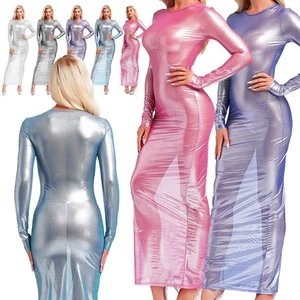 Sexy Women See Through Metallic Glossy Long Sleeve Party Maxi Dress Bodycon - Picture 1 of 58