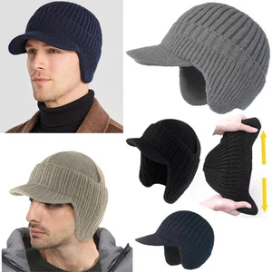 Fleece Lined Ear Flaps Cap Warm Peaked Knit Cap Winter Beanie Hat Men - Picture 1 of 11