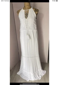 Jane Norman White Sleeveless Tassel Tie Neck Maxi Boho Dress Uk6 J/K VGC - Picture 1 of 13