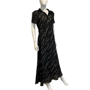 Vintage 90s Black Floral Grunge Sheer Collared Polo Maxi Dress, M - Picture 1 of 9