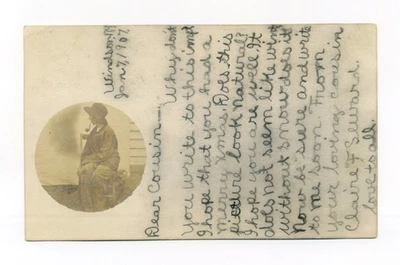 Windsor NY, woman dressed as man with pipe?, Claire F Seward, 1907 RPPC postcard - Image 1 of 3