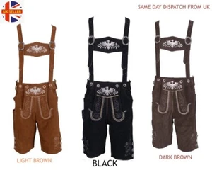 Leather Lederhosen ShortsTraditional Oktoberfest Bavarian Matching Suspenders - Picture 1 of 13