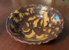 Antique Redware Bowl Country Pottery Brown & Yellow Glaze Fluted Rim