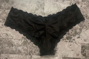 NWT VICTORIA'S SECRET L BLACK SATIN SMOOTH SEQUIN BACK LACE RARE CHEEKY PANTIES - Picture 1 of 5