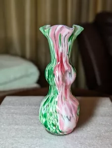 Vintage Tschechische Art Deco Vase rosa grün weiß eingerückt Spritzer - Bild 1 von 10