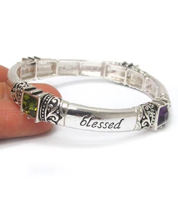 Believe Faith Blessed Hope Inspirational Dark Jewtone Crystal Stretch Bracelet - Picture 1 of 1