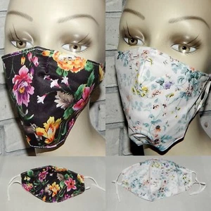 LOT OF 2 FLOWERS ON BLACK & WHITE WASHABLE COTTON ADJUSTABLE FACE MASK INDIANA - Picture 1 of 1