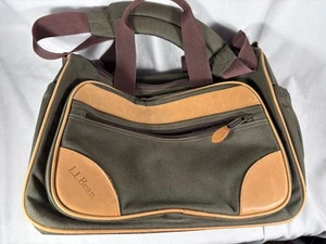Vintage LL Bean Green Brown Leather Nylon Canvas Briefcase Laptop Messenger Bag - Picture 1 of 4