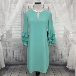 Vince Camuto Size 4 Green Keyhole Neck Shift Dress 3/4 Tiered Ruffle Sleeve B6 - Picture 1 of 13