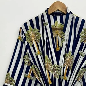 Indian Black Palm Tree Cotton Robes Long Kimonos Sleepwear Night Kimono Robes US - Picture 1 of 6