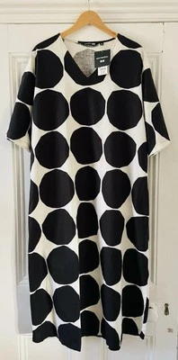 Marimekko Uniqlo Women’s Black White Kivet Spot Linen Mix Kaftan Dress XS UK 6-8 - Image 1 of 4