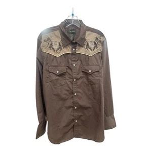 High Noon Shirt Men's Medium Brown Western Embroidered Pearl Snap Horse Shoe - Picture 1 of 5