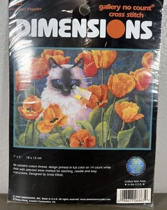 Vtg Dimensions Gallery No Count Cross Stitch Kit 6863 ‘Purrfect Poppies’ Cat 7x5 - Picture 1 of 6