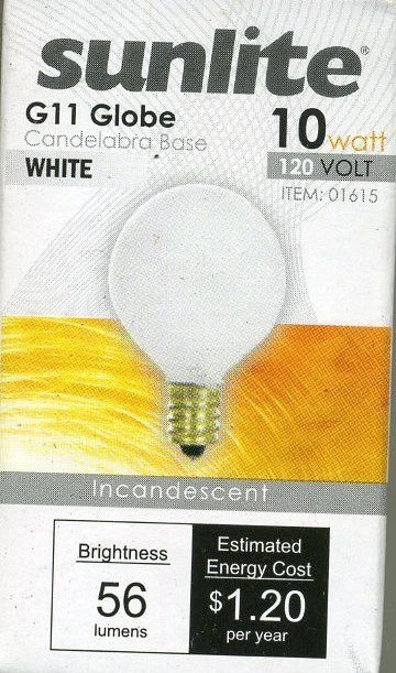 New Sunlite 10 Watt Candelabra Based G11 Globe 1 Bulb White 1500 hours 56 L #562 - Image 1 of 3