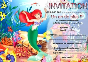 5 ou 12 cartes invitation anniversaire PETITE SIRENE REF 18 AVEC OU SANS ENVEL - Picture 1 of 2
