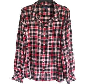 TOMMY HILFIGER Sz XL Red Black Plaid Button Up Shirt Women’s - Picture 1 of 12