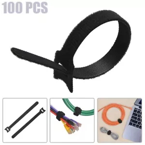 100 Pcs 8" Reusable Hook Loop Straps Cable Tie Cord Wire Wrap Fastener Black - Picture 1 of 6