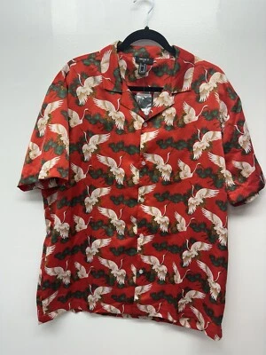 Forever 21 Mens Red Crane Short Sleeve Button Up XL Satin feel #30 Foto 1 de 4