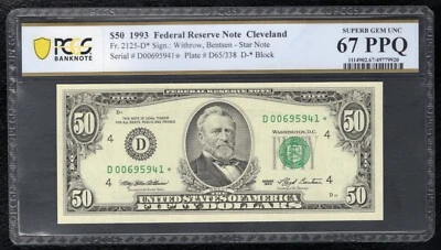 FR. 2125-D* 1993 $50 *STAR* FRN CLEVELAND, OH PCGS BANKNOTE GEM UNC-67PPQ (I) - Image 1 of 2