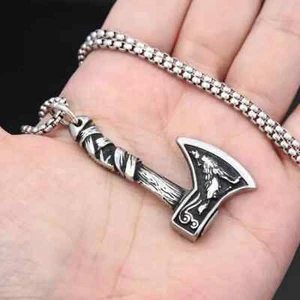 Men Silver Wolf Raven Axe Pendant Necklace Chain Norse Viking Jewelry Gift - Picture 1 of 21