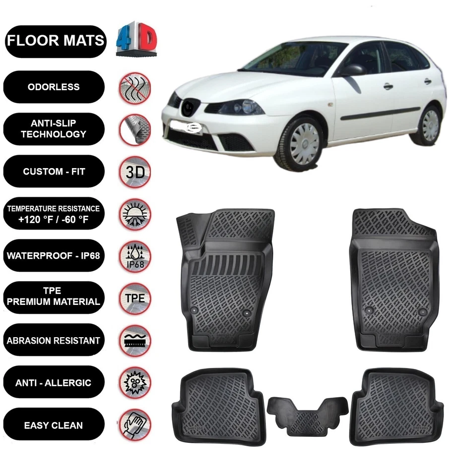 Alfombrillas forro para Seat Ibiza (2002-2007) impermeables moldeadas en 3D negras 4 un. Foto 1 de 4