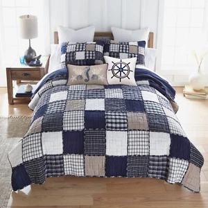 Donna Sharp Checkerboard Indigo 5-Pc Quilt Set Blue Cotton W/ Nautical Pillows - Picture 1 of 8
