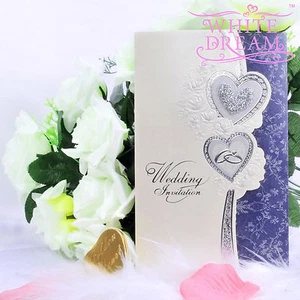 Personalised Hearts & Rings Wedding Invitations Day/Eve Embossed FREE ENVELOPES - Picture 1 of 4