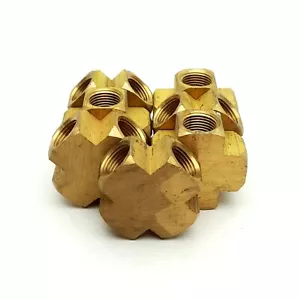 Lot of 7 Milton S-656-1 Brass Cross Fitting, 4x 3/8"NPT, 1 3/4 x 1 3/4 x 13/16" - Picture 1 of 3
