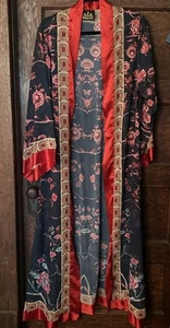ASA Kaftans Navy Blue Red Floral Satin Trim Kimono Open Front Robe Sz M L Resort - Picture 1 of 9