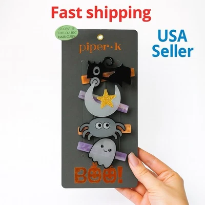 Halloween Glow in the Dark Hair Clips Set Ghost Bat Spider Moon Kids Girls BOO! - Image 1 of 4