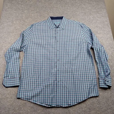 Tasso Elba Shirt Mens XL 17-17.5 Blue Teal Plaid Long Sleeve Button Front Dress - Image 1 of 4