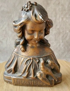 Ancien buste en platre motif fille et oiseaux le printemps Vintage Décoration - Bild 1 von 14