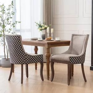 Set of 2 Fabric Upholstered Dining Chairs Kitchen Side Chairs Wooden Legs Beige - Picture 1 of 12