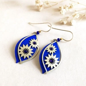 Sienna Sky Earrings Blue Leaf Drop with Dark Gold Sunflowers Overlay Unique Cute - Picture 1 of 5