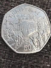1986 Fifty Pence 50p Douglas Horse + Tram Christmas Coin -  Isle Of Man (2651)
