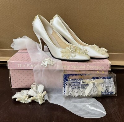 VTG Marionat Satin & Sequin Bridal Shoes Size 6B w Garter, Earrings, Stockings - Image 1 of 4