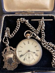 Solid Silver Fob Pocket watch with Double Albert Chain fob c1900