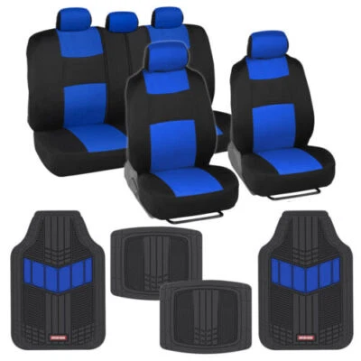 Sporty Two Tone Full Car Seat Cover Set with Heavy Duty Rubber Floor Mats - Blue - Image 1 of 4