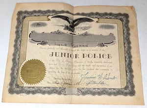 Vintage 1948 Junior Police Force Honorbly Discharged Cerificate Racine Wisconsin - Picture 1 of 2